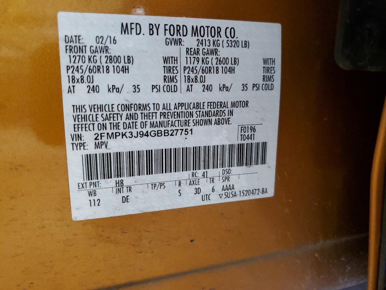 2FMPK3J94GBB27751 FORD EDGE 2016