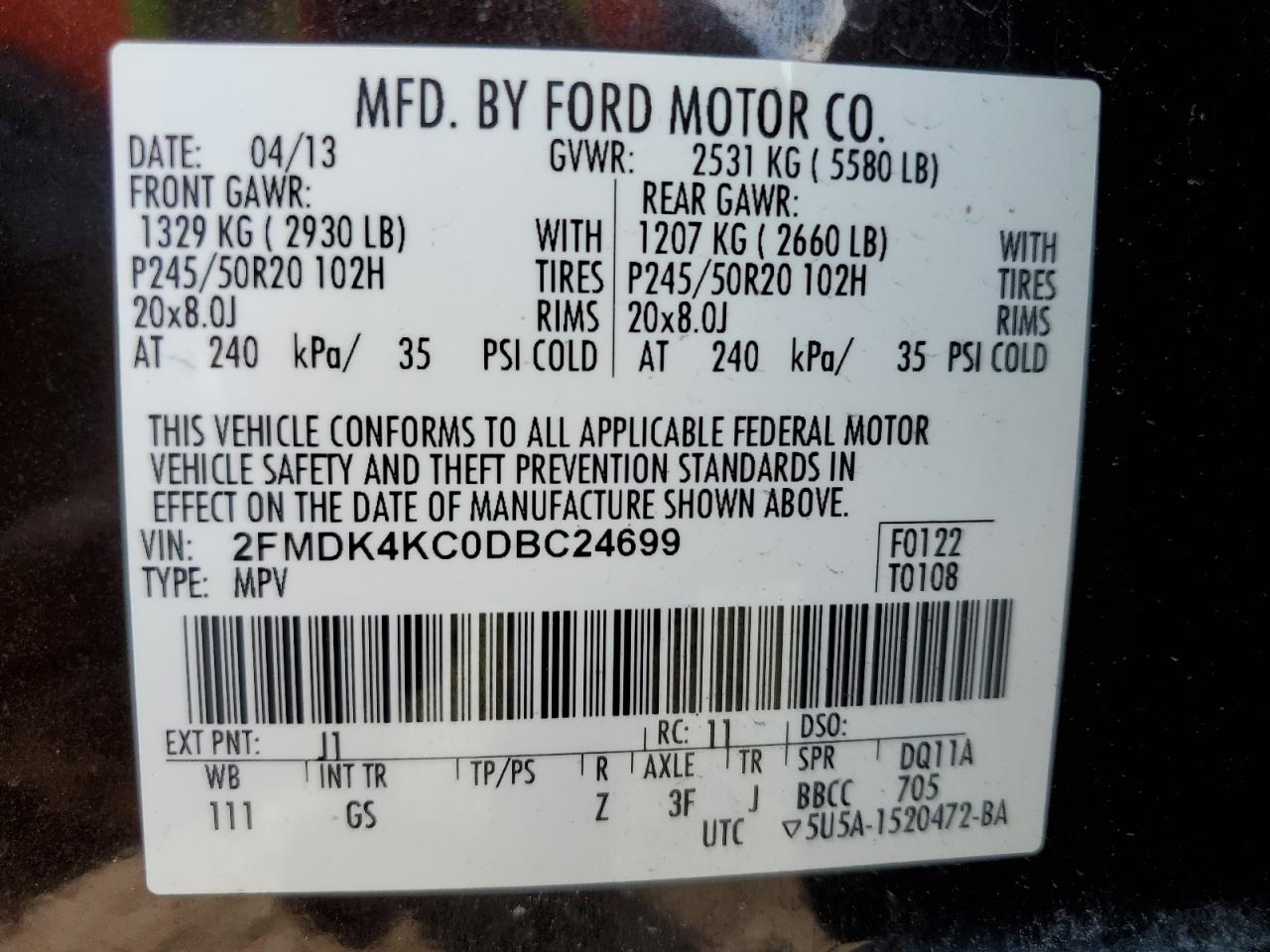 2FMDK4KC0DBC24699 2013 Ford Edge Limited