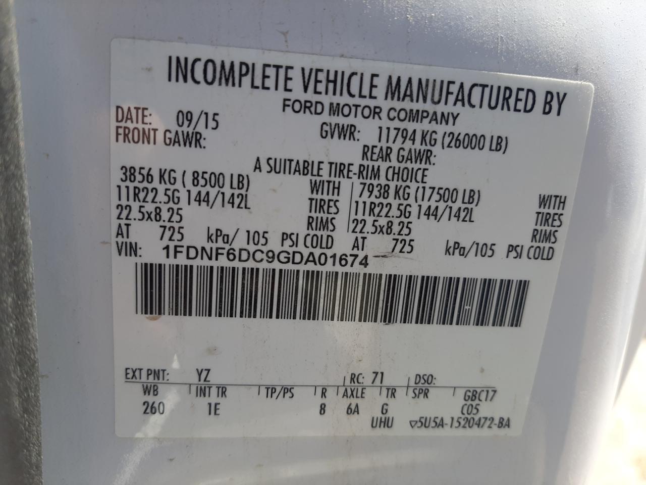 1FDNF6DC9GDA01674 FORD F650 2016