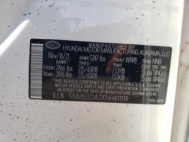2022 Hyundai Santa Fe Sel VIN: 5NMS3DAJXNH411119 Lot: 59279084