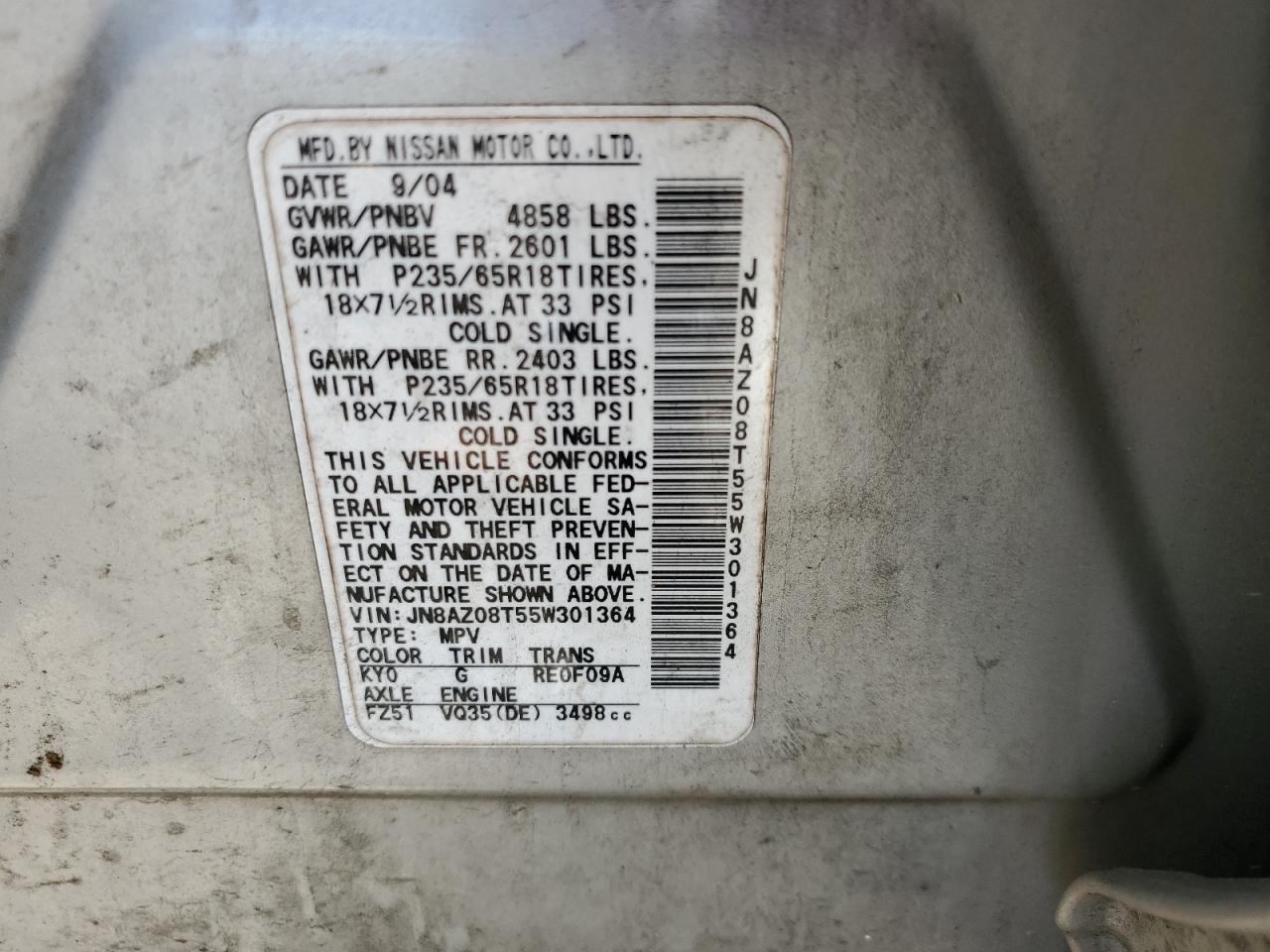 JN8AZ08T55W301364 2005 Nissan Murano Sl