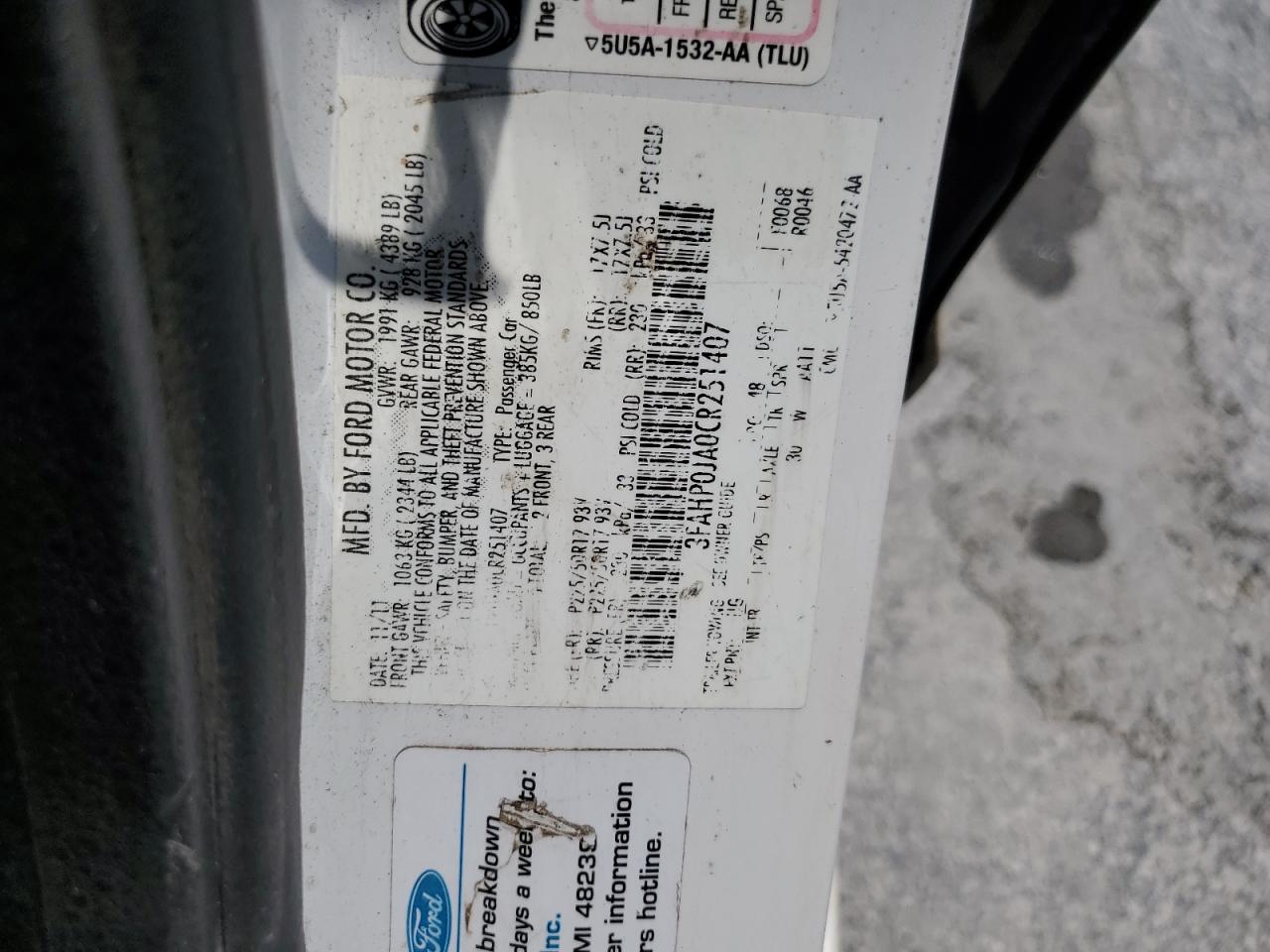 3FAHP0JA0CR251407 2012 Ford Fusion Sel