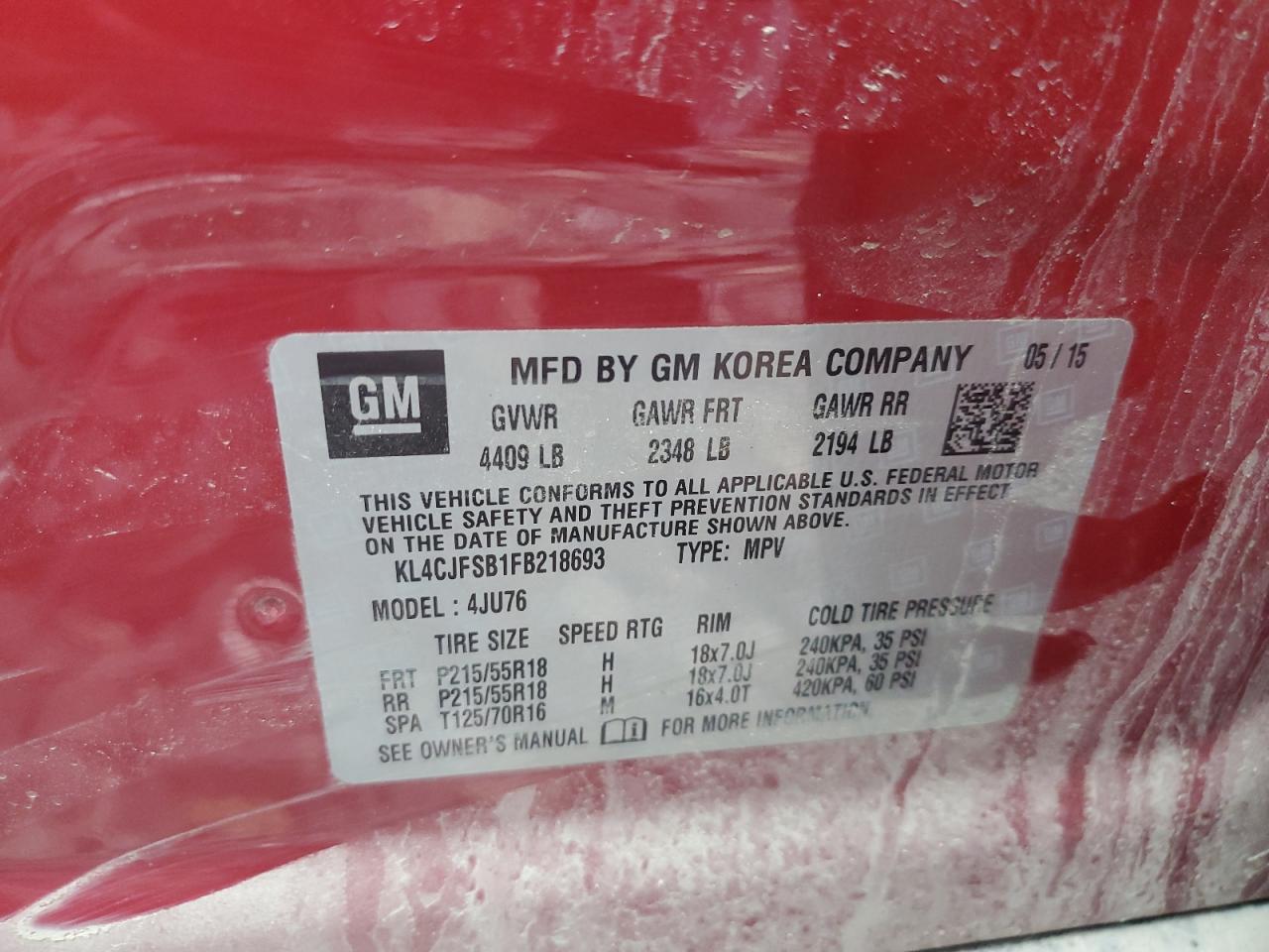 KL4CJFSB1FB218693 2015 Buick Encore Convenience