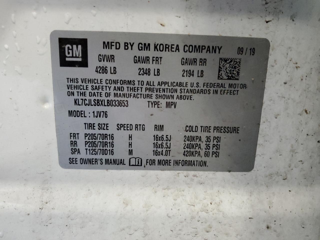 KL7CJLSBXLB033653 CHEVROLET TRAX 2020