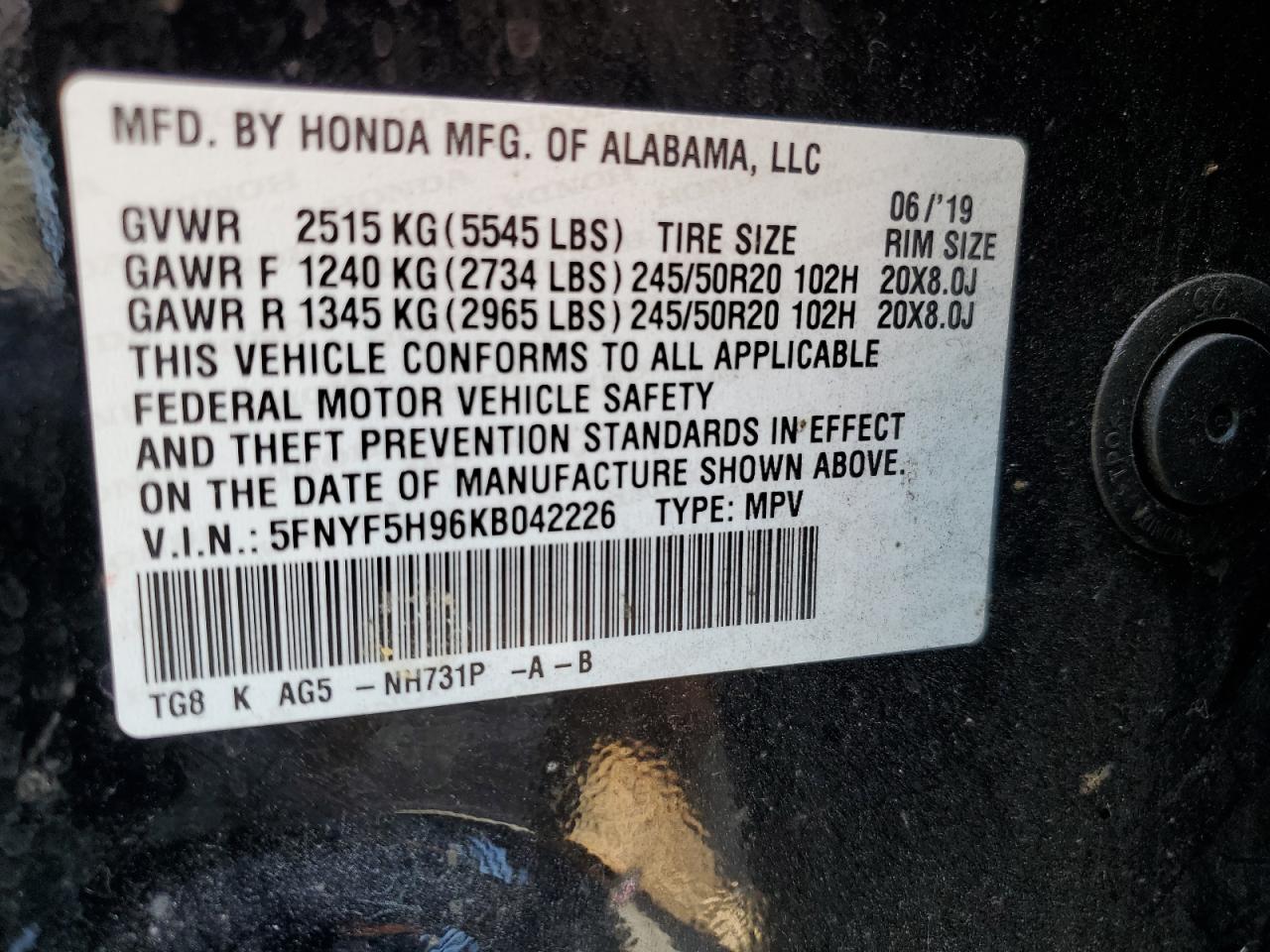 5FNYF5H96KB042226 2019 Honda Pilot Touring