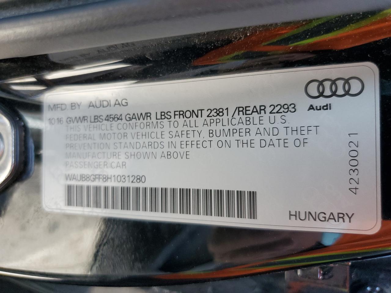 WAUB8GFF8H1031280 2017 Audi A3 Premium