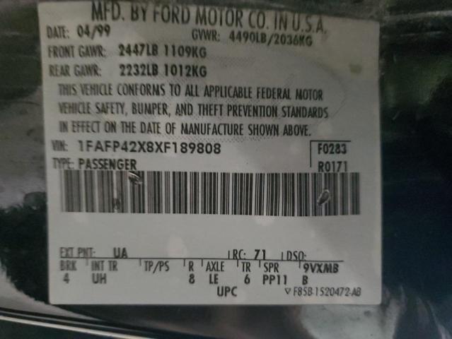1999 Ford Mustang Gt VIN: 1FAFP42X8XF189808 Lot: 59450234