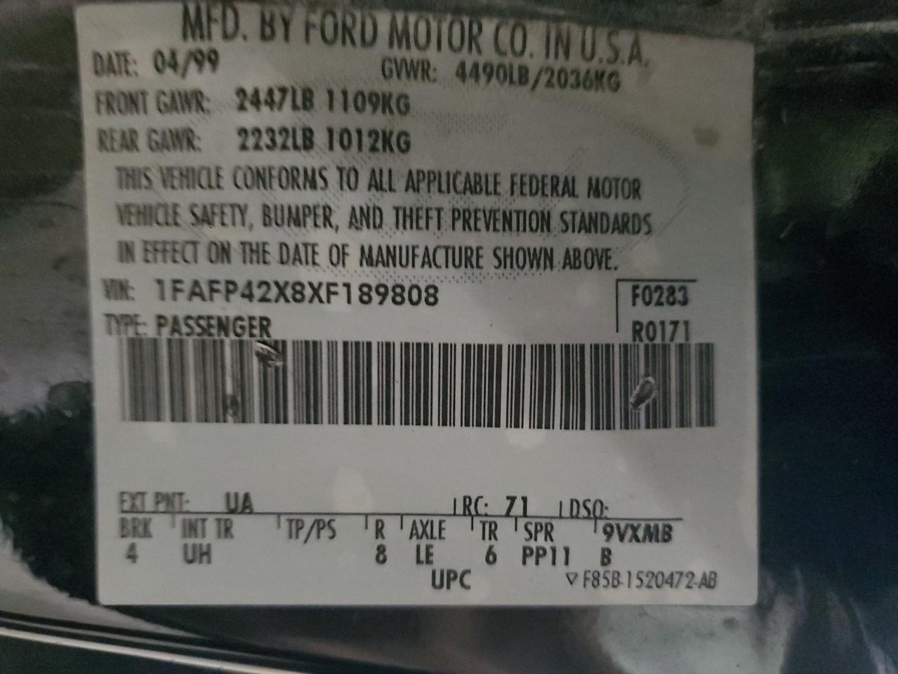 1FAFP42X8XF189808 1999 Ford Mustang Gt