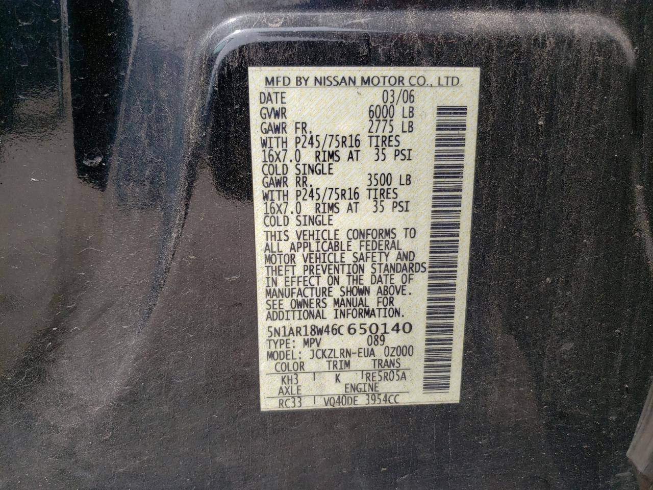 5N1AR18W46C650140 2006 Nissan Pathfinder Le