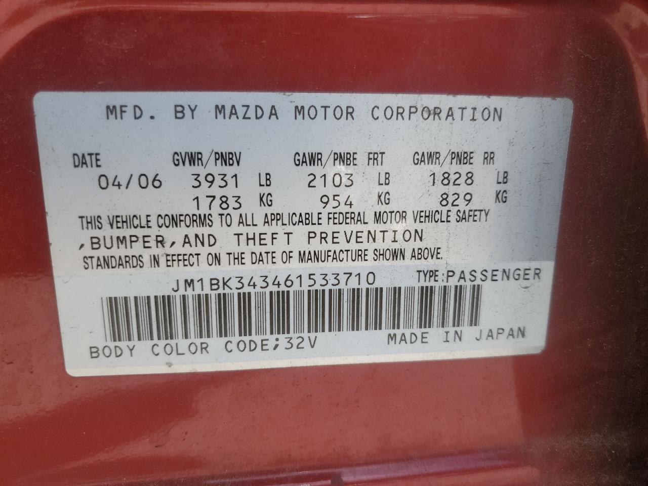 JM1BK343461533710 2006 Mazda 3 Hatchback