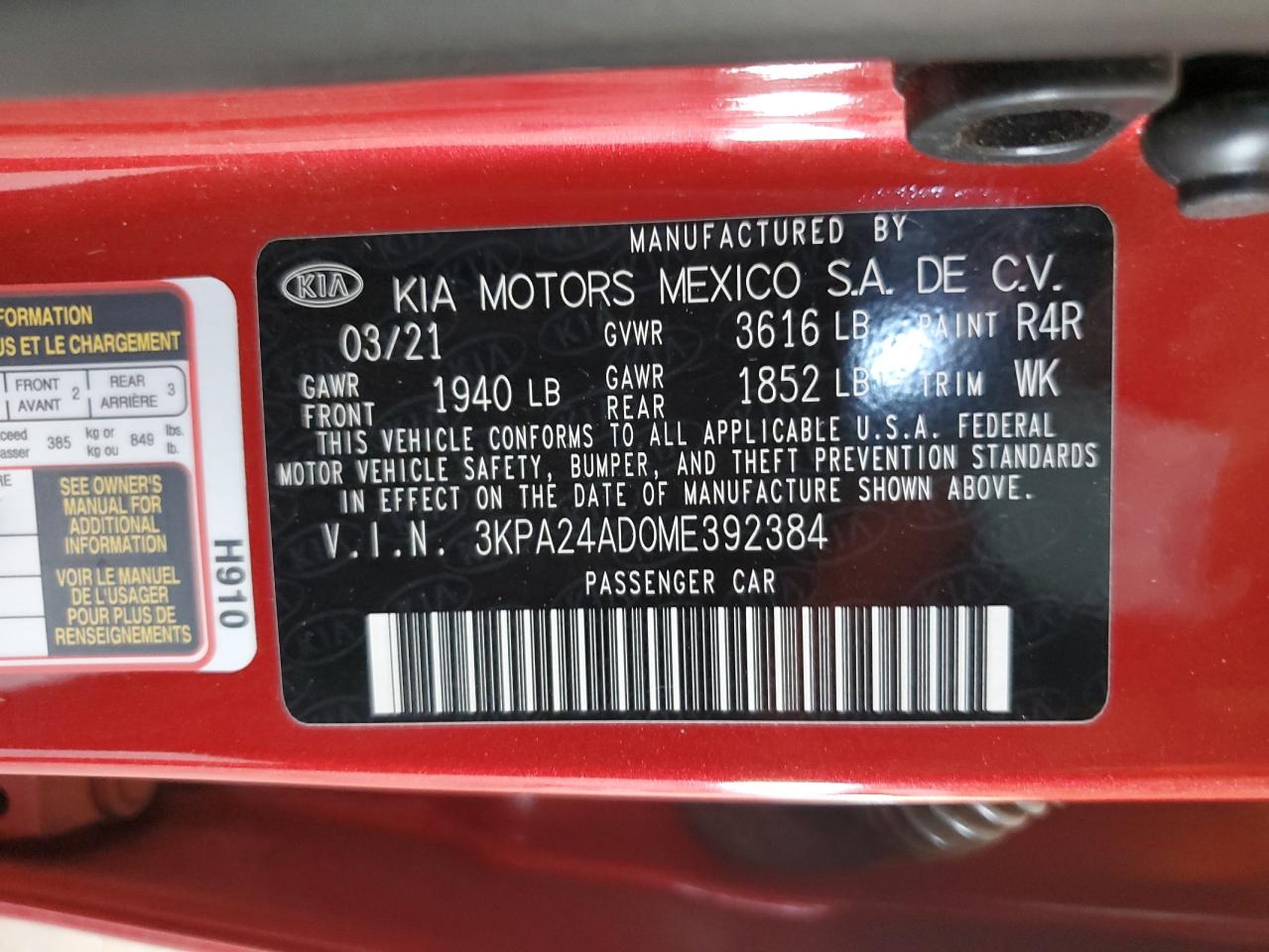 3KPA24AD0ME392384 2021 Kia Rio Lx