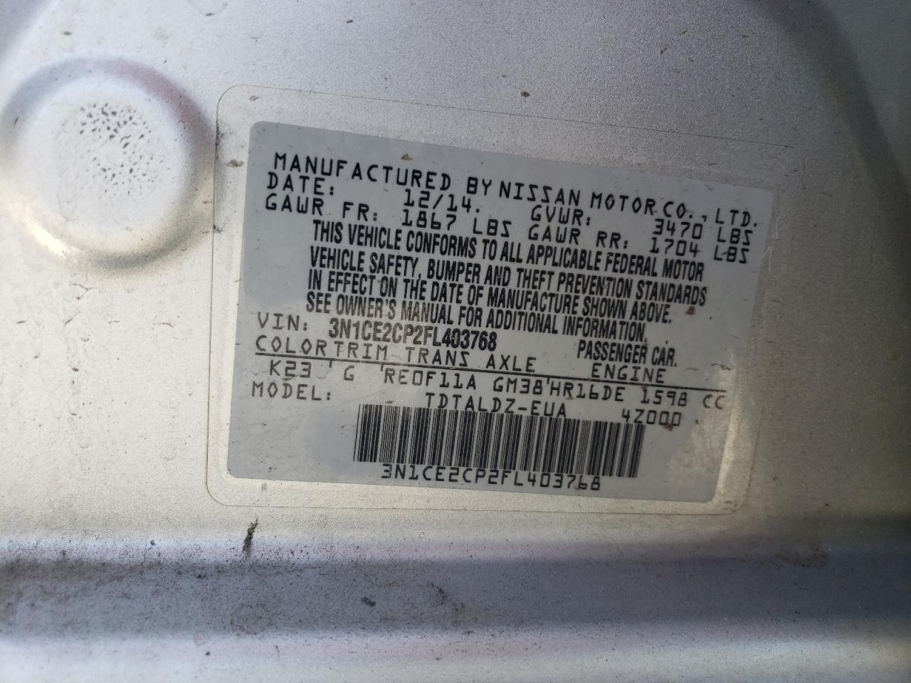 3N1CE2CP2FL403768 2015 Nissan Versa Note S