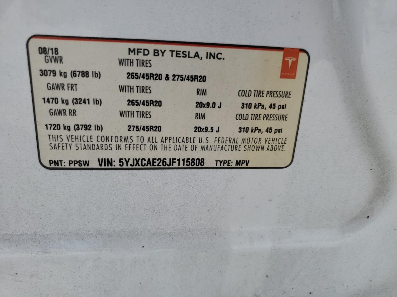 5YJXCAE26JF115808 2018 Tesla Model X