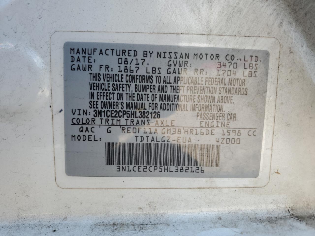3N1CE2CP5HL382126 NISSAN VERSA 2017