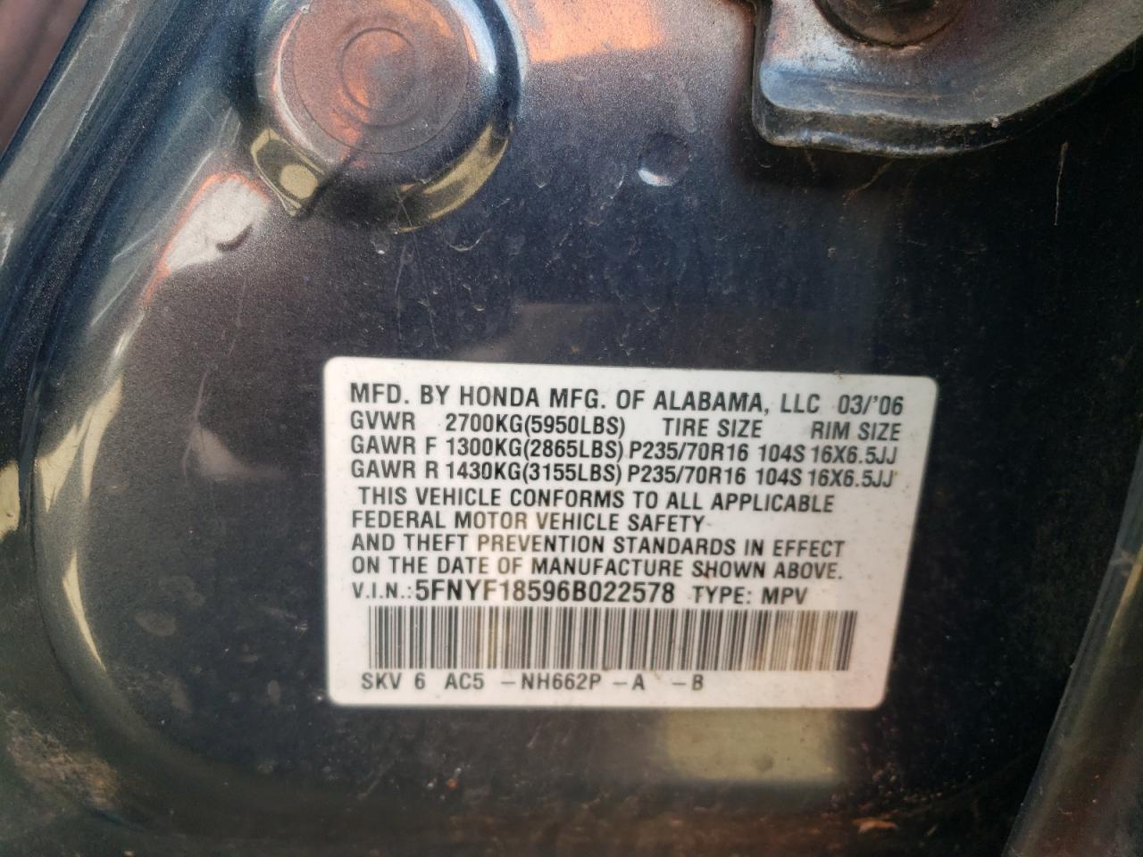 5FNYF18596B022578 2006 Honda Pilot Ex