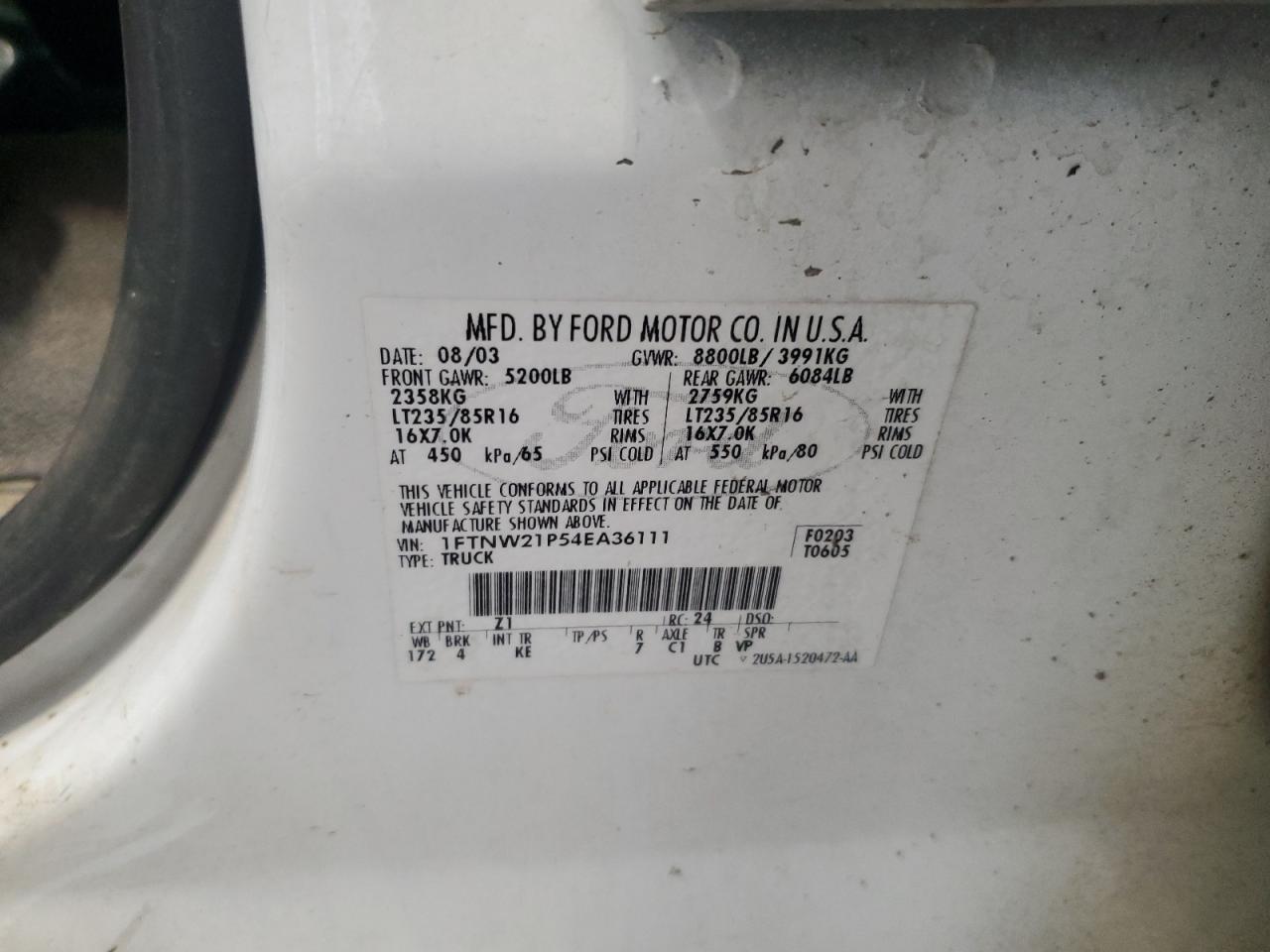 1FTNW21P54EA36111 2004 Ford F250 Super Duty