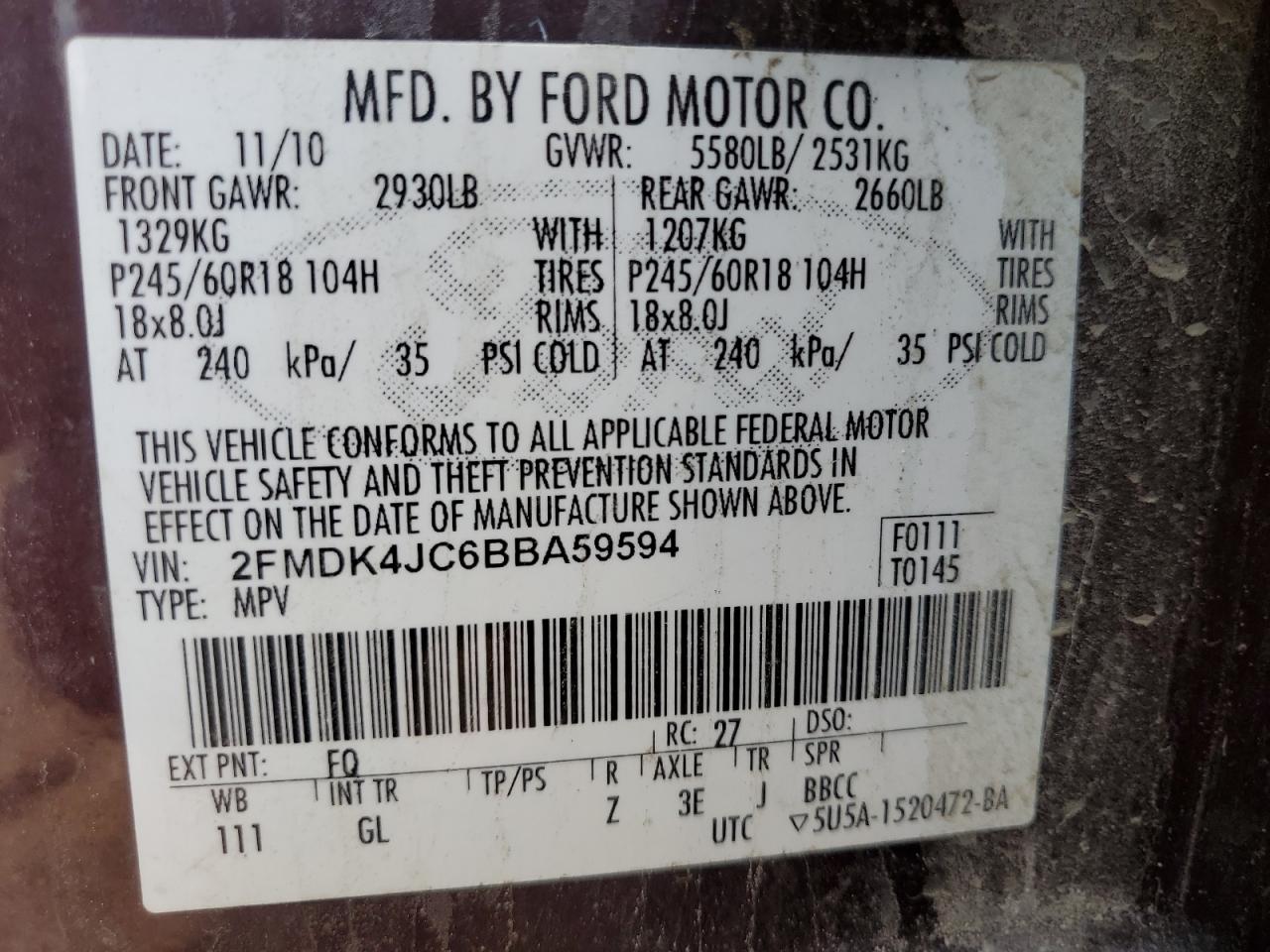 2FMDK4JC6BBA59594 2011 Ford Edge Sel