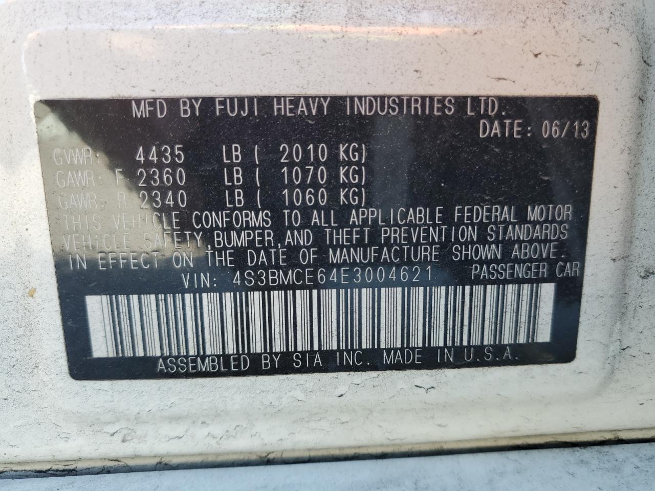 4S3BMCE64E3004621 2014 Subaru Legacy 2.5I Premium