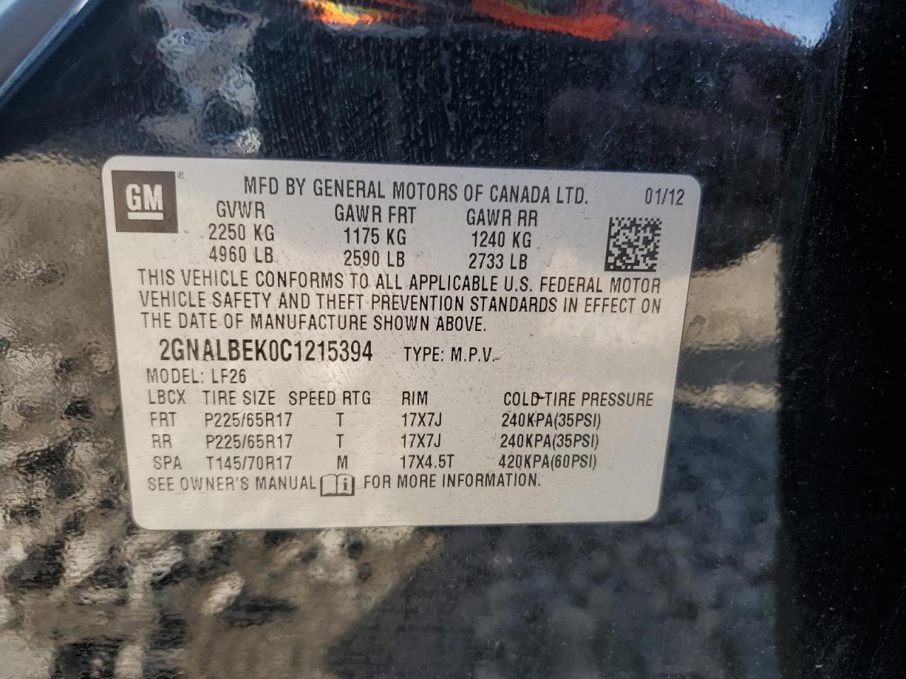 2GNALBEK0C1215394 2012 Chevrolet Equinox Ls