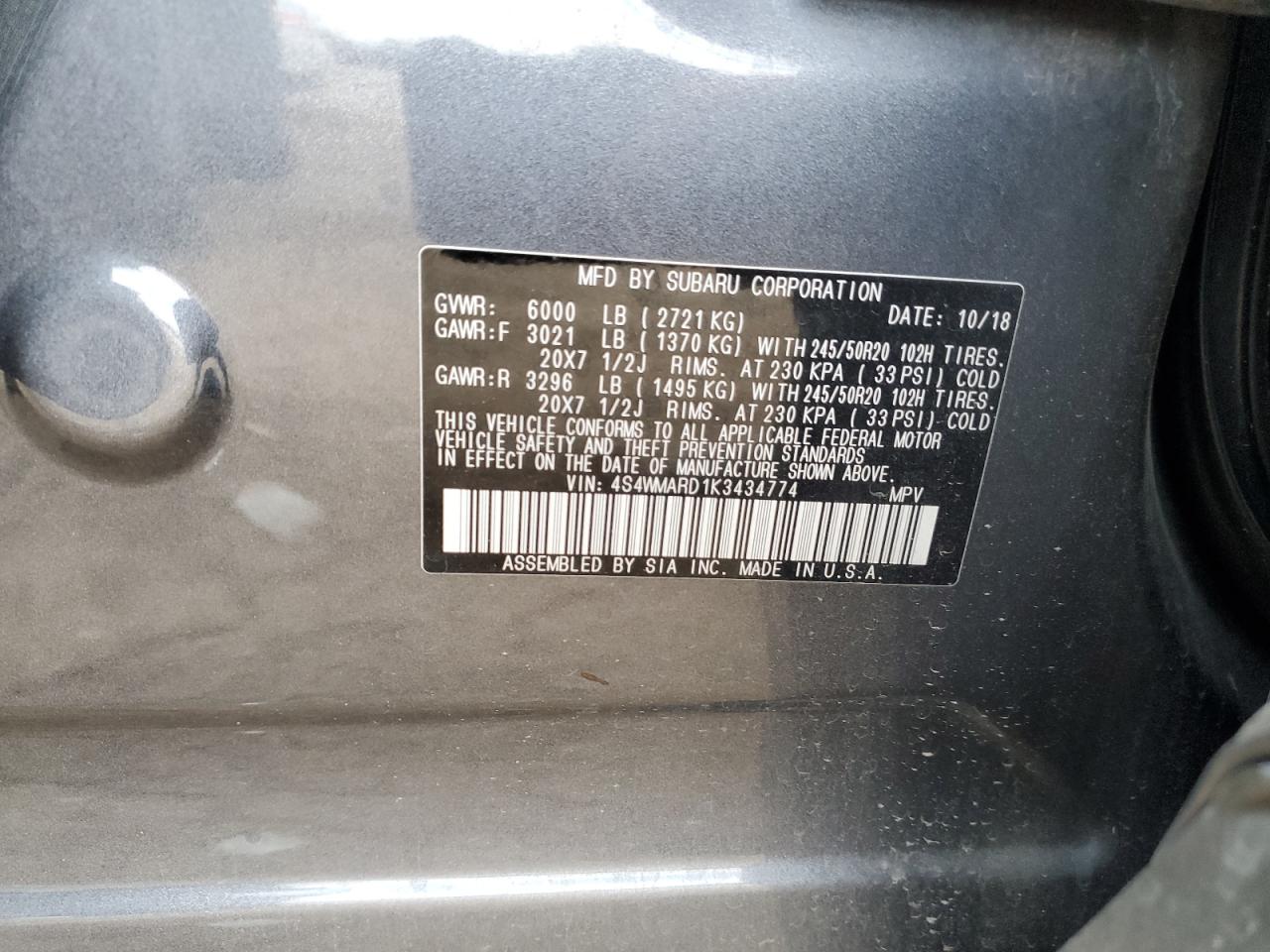 4S4WMARD1K3434774 2019 Subaru Ascent Touring