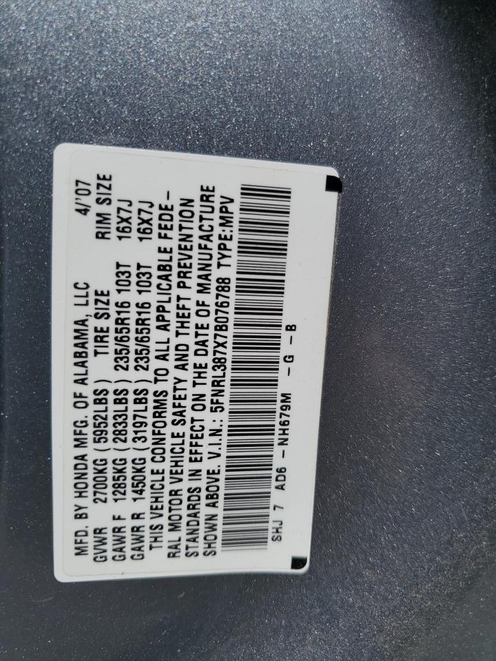 5FNRL387X7B076788 2007 Honda Odyssey Exl