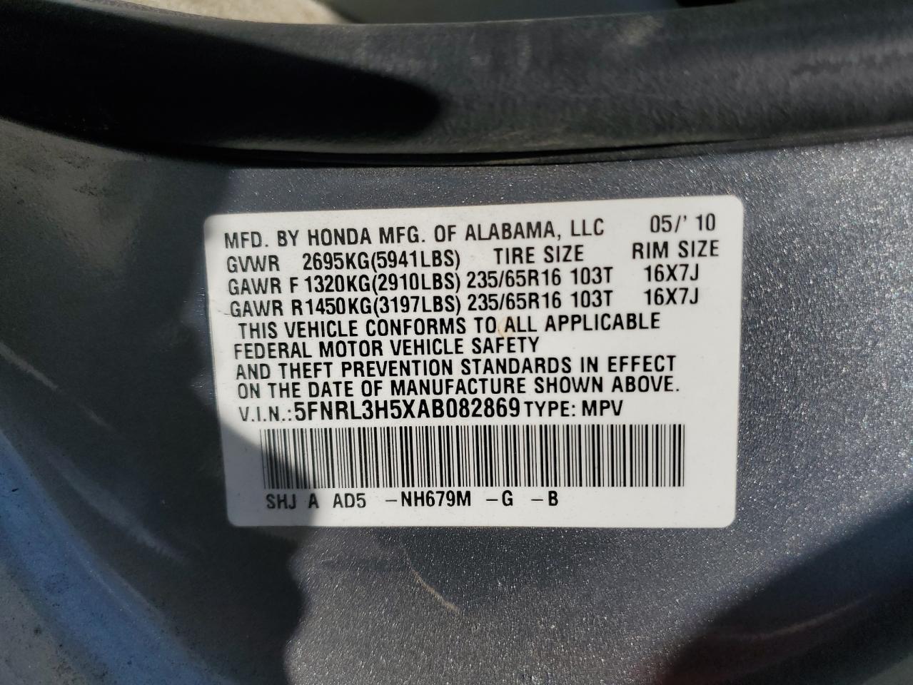 5FNRL3H5XAB082869 2010 Honda Odyssey Ex