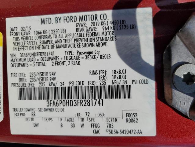 2015 Ford Fusion Se VIN: 3FA6P0HD3FR281741 Lot: 57854944