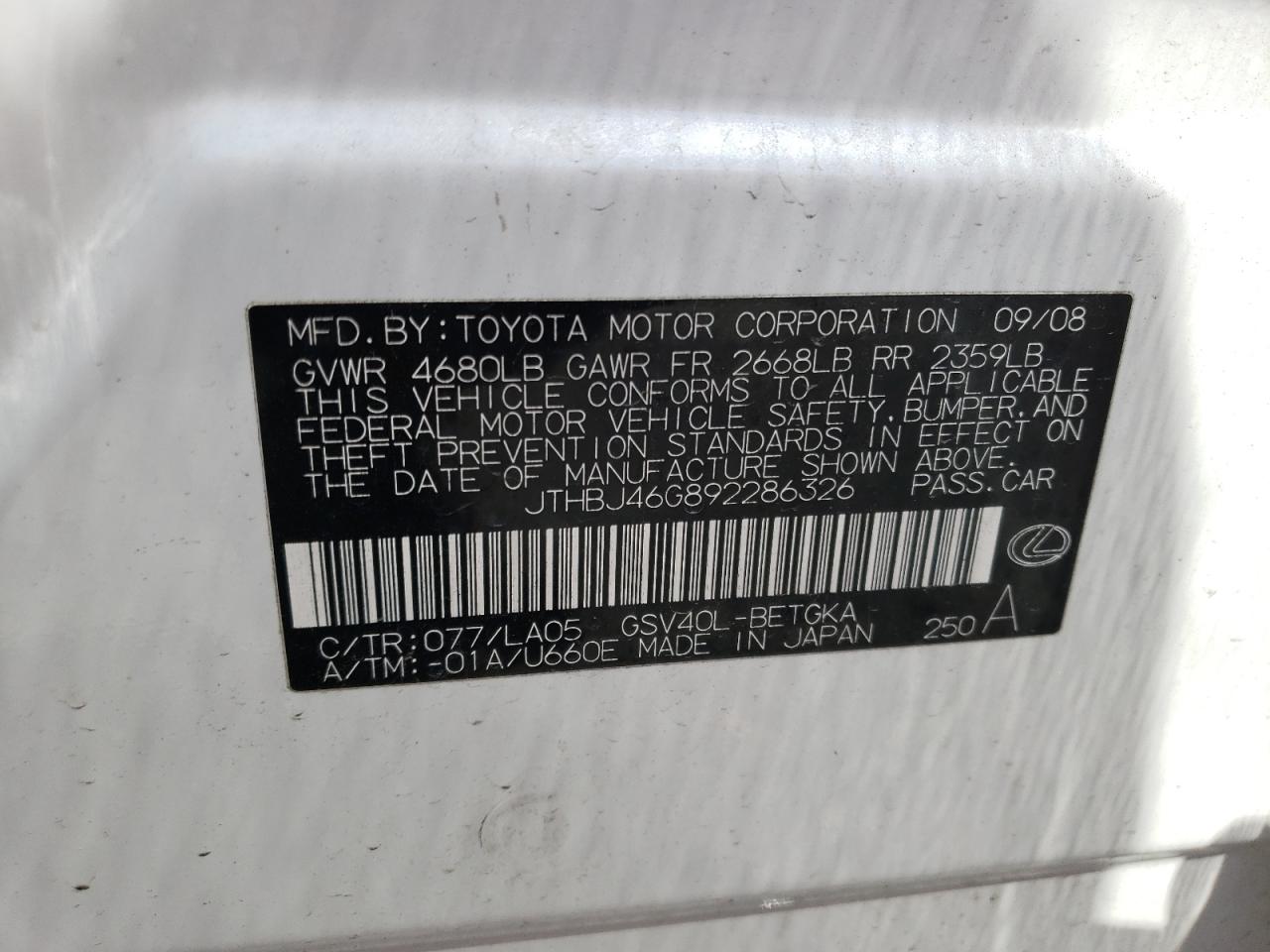 JTHBJ46G892286326 2009 Lexus Es 350