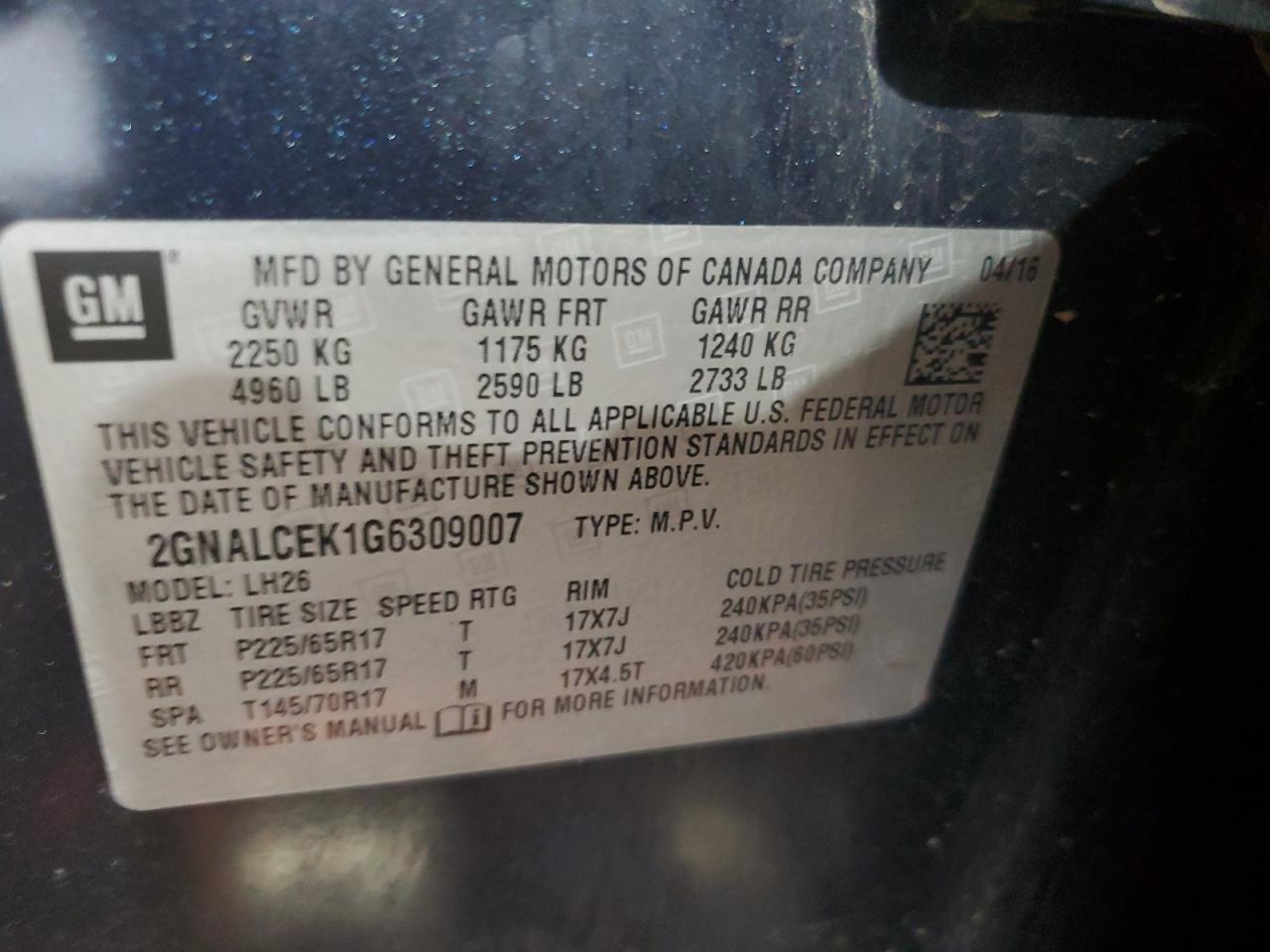 2GNALCEK1G6309007 CHEVROLET EQUINOX 2016
