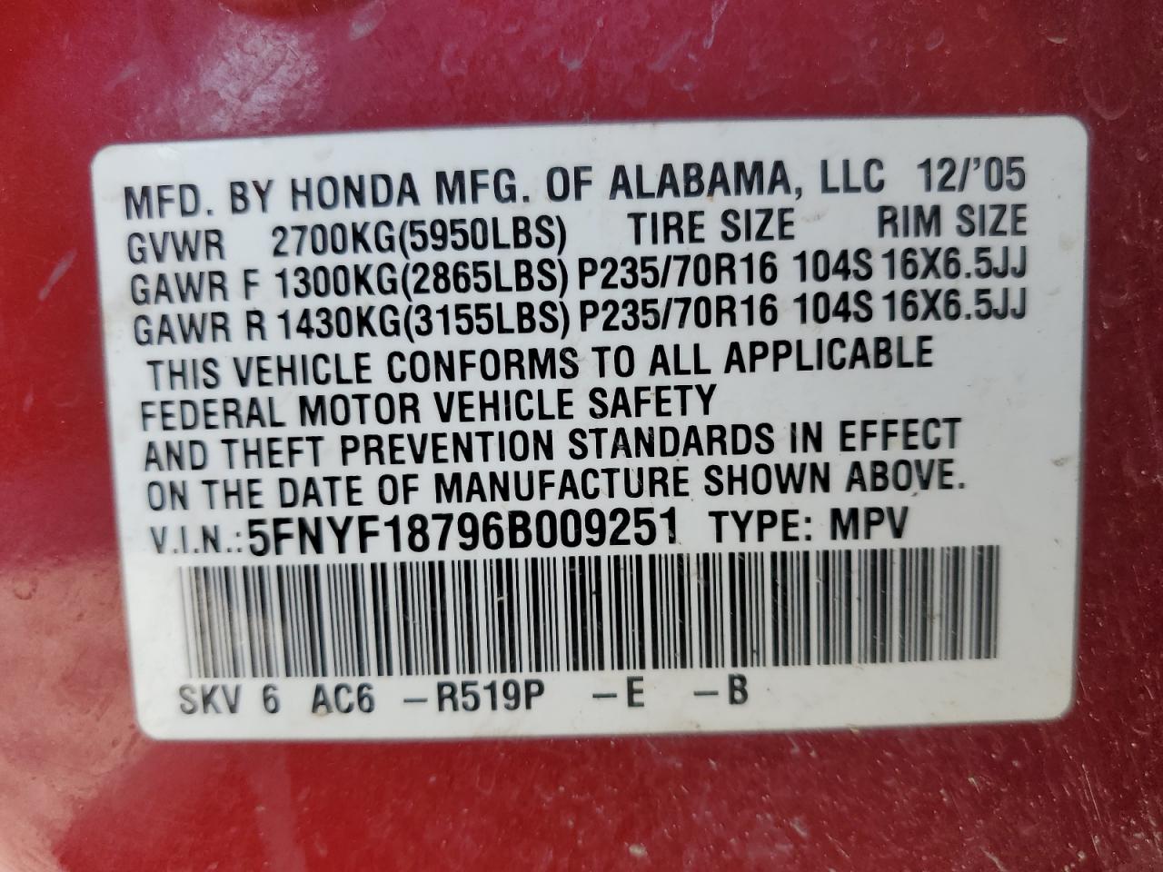 5FNYF18796B009251 2006 Honda Pilot Ex