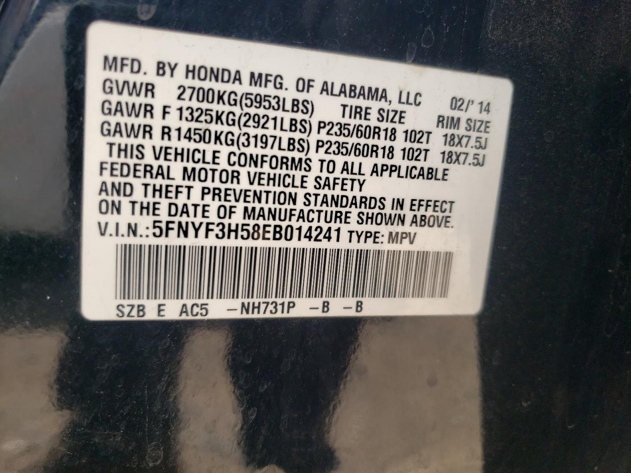 5FNYF3H58EB014241 2014 Honda Pilot Exl