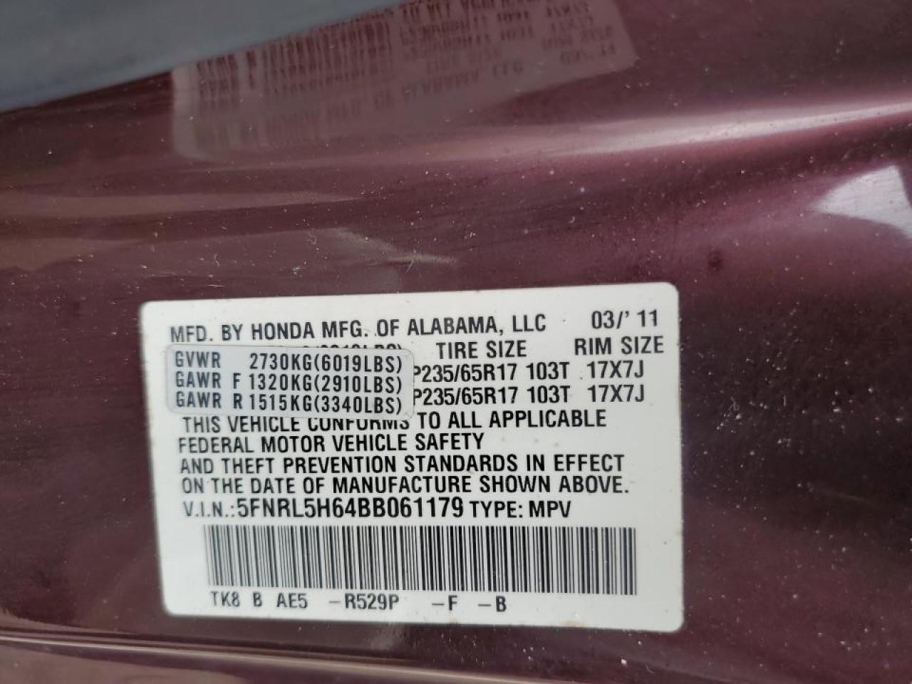 5FNRL5H64BB061179 2011 Honda Odyssey Exl