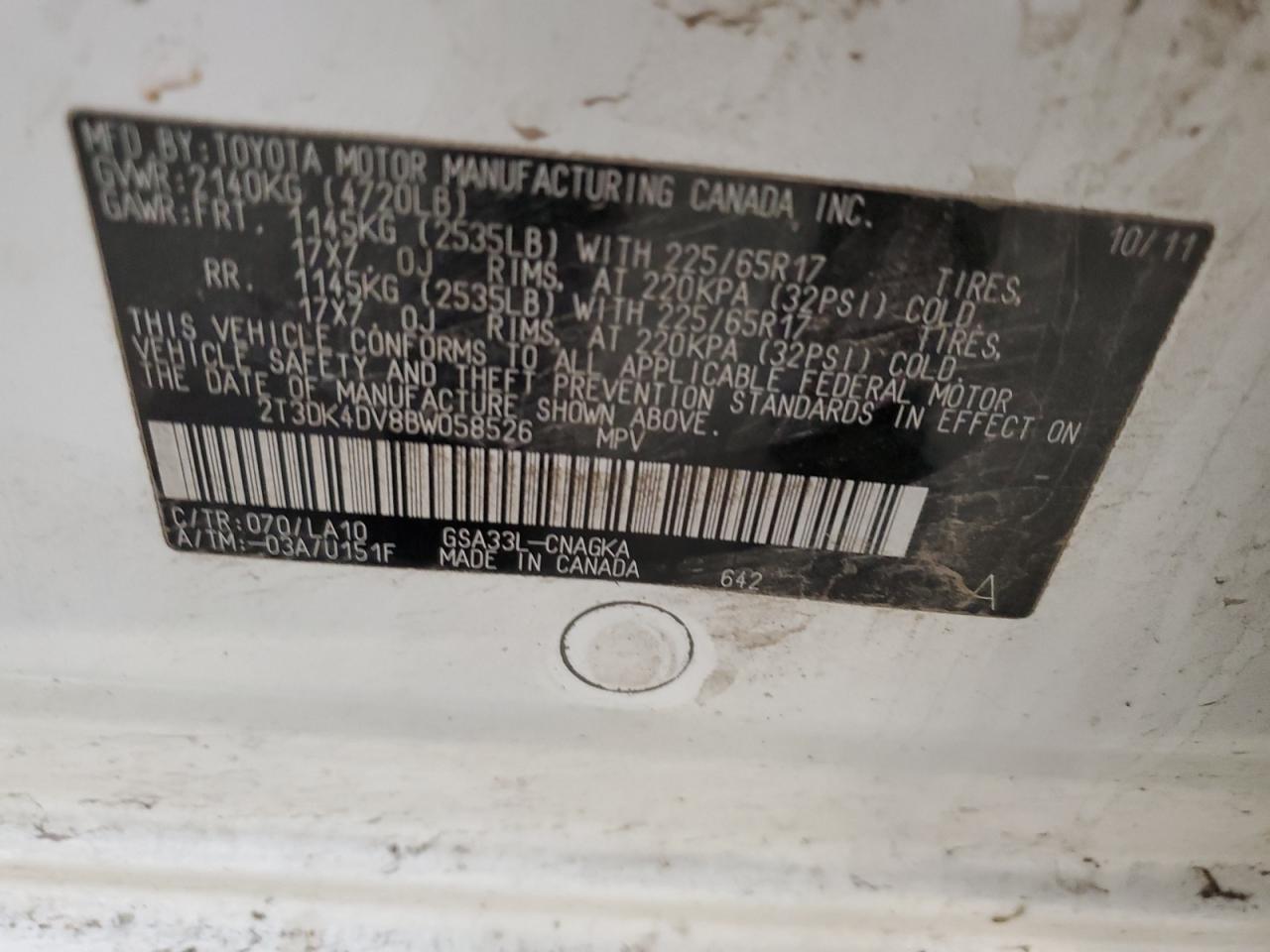 2T3DK4DV8BW058526 2011 Toyota Rav4 Limited