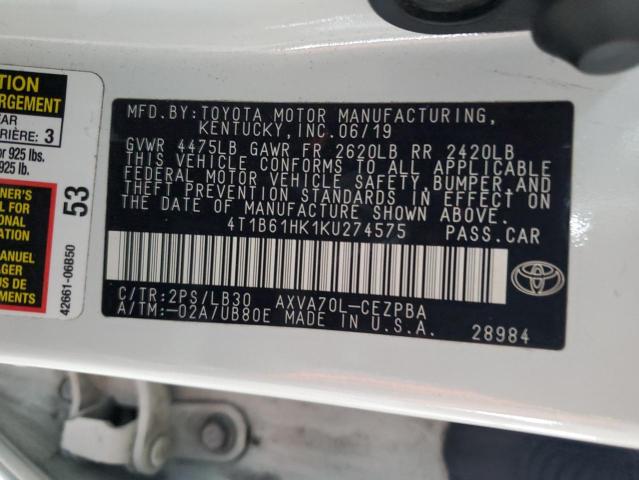 VIN 4T1B61HK1KU274575 2019 Toyota Camry, Xse no.12