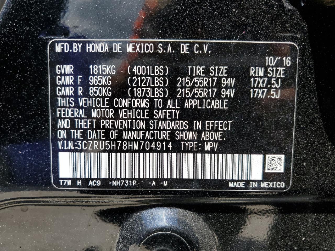 3CZRU5H78HM704914 2017 Honda Hr-V Exl