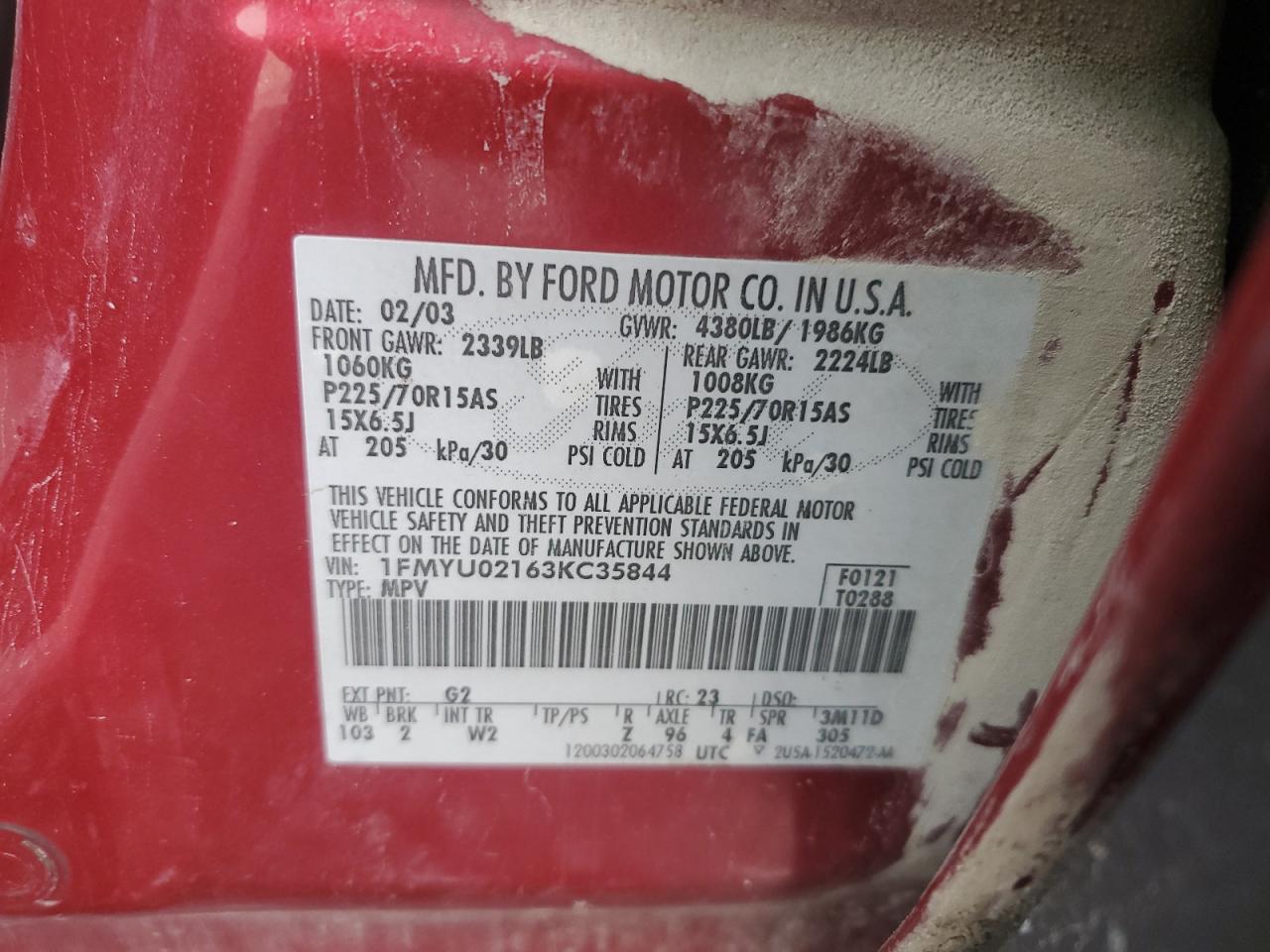 1FMYU02163KC35844 2003 Ford Escape Xls