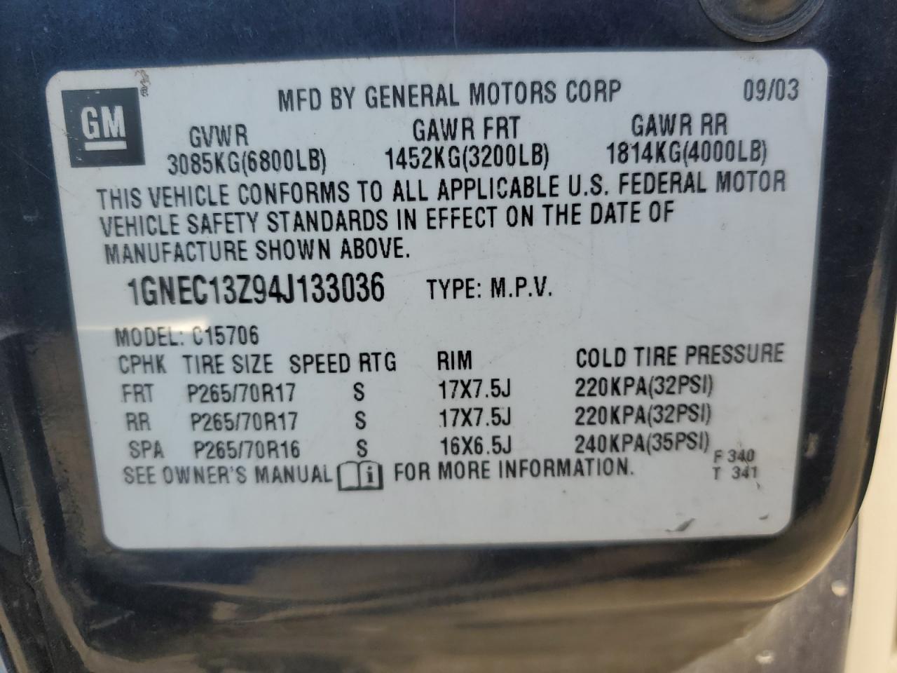 1GNEC13Z94J133036 2004 Chevrolet Tahoe C1500