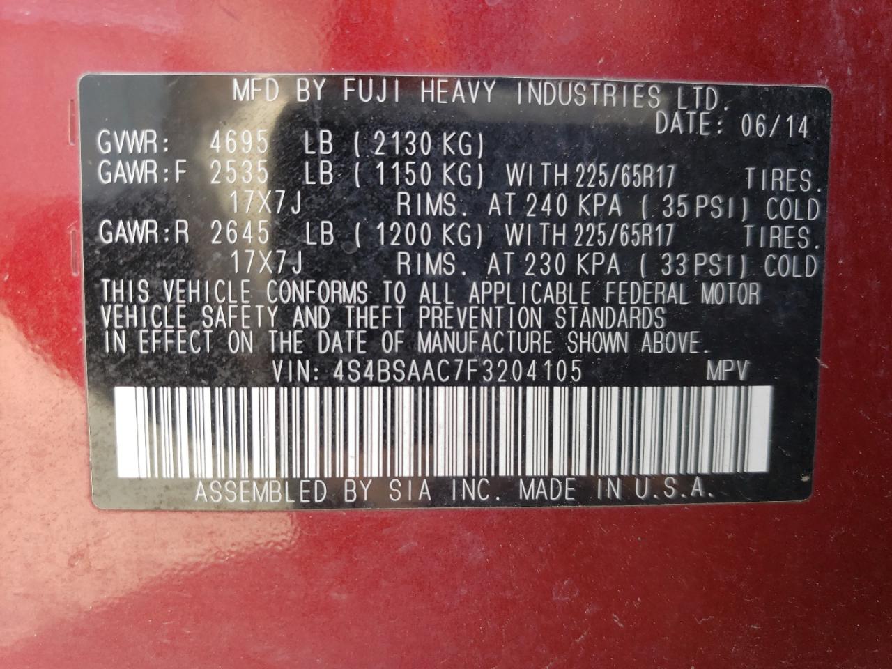 4S4BSAAC7F3204105 2015 Subaru Outback 2.5I