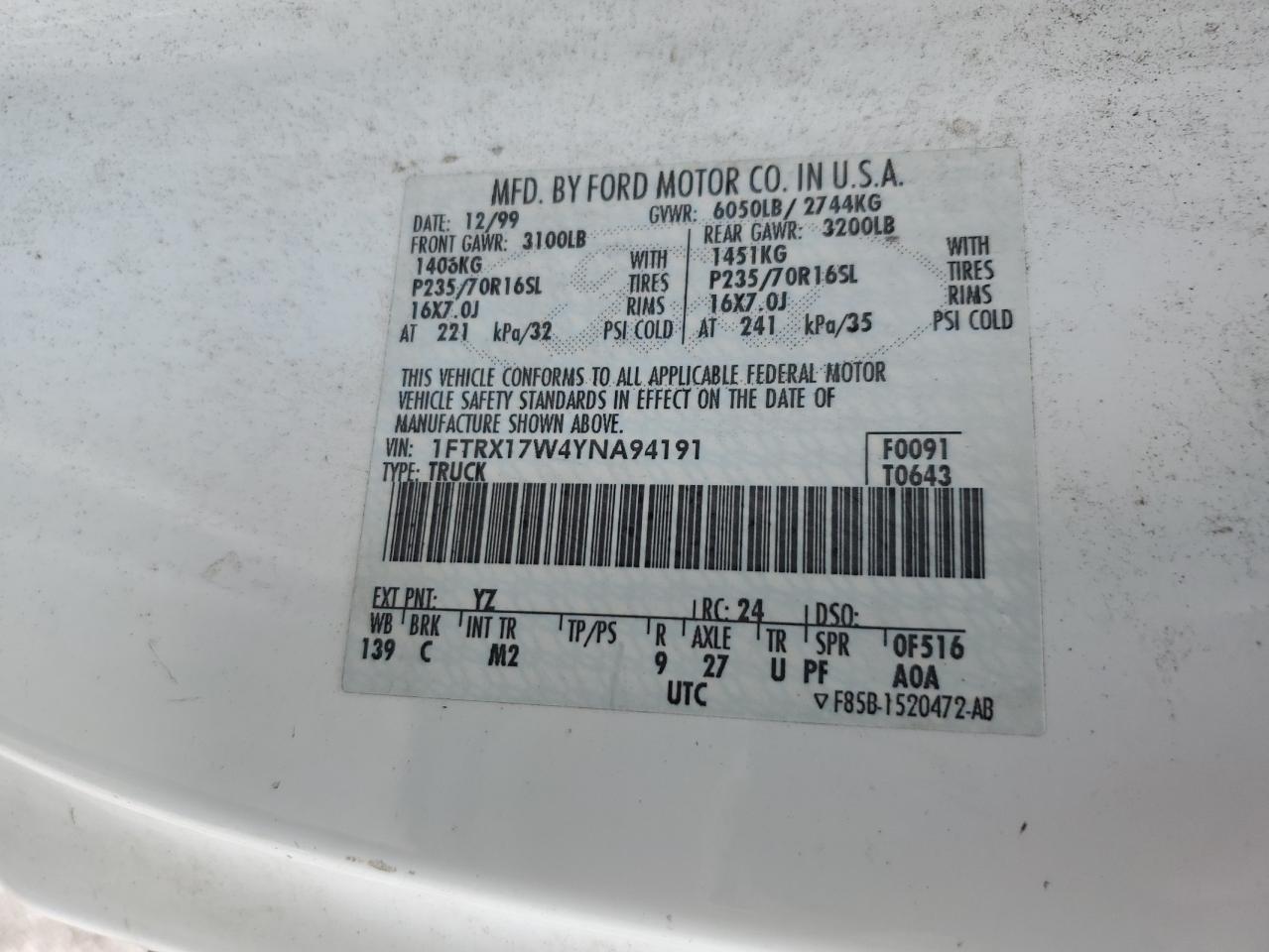 1FTRX17W4YNA94191 2000 Ford F150