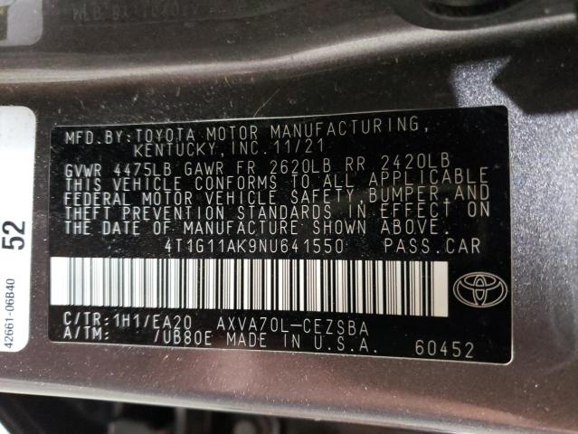 VIN 4T1G11AK9NU641550 2022 Toyota Camry, SE no.12