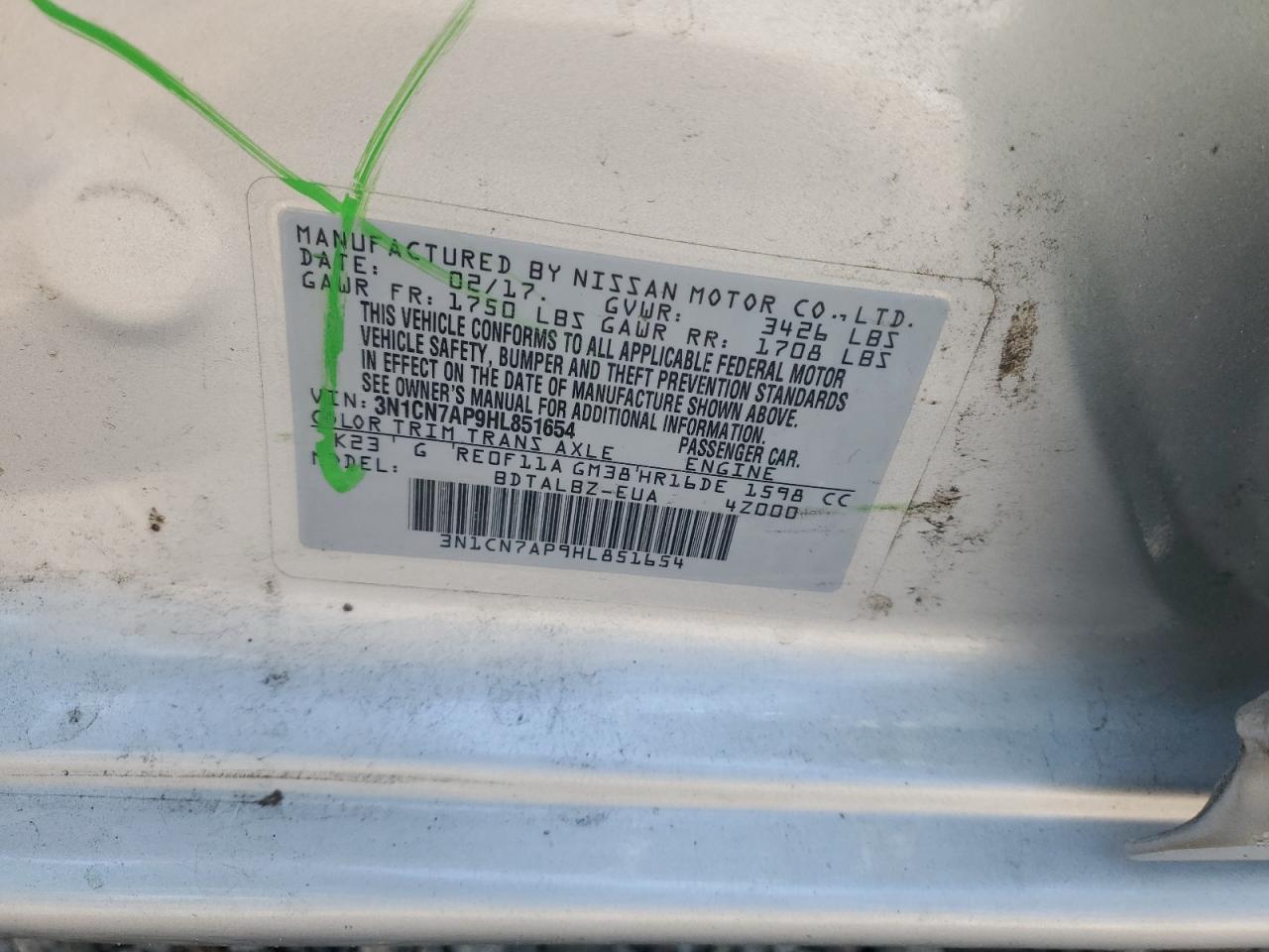 3N1CN7AP9HL851654 NISSAN VERSA 2017