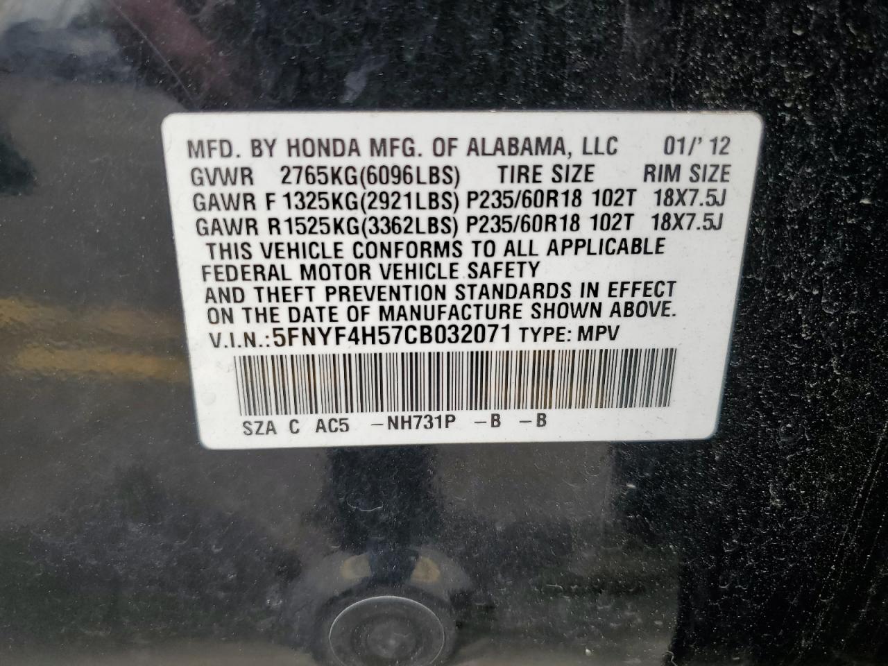 5FNYF4H57CB032071 2012 Honda Pilot Exl