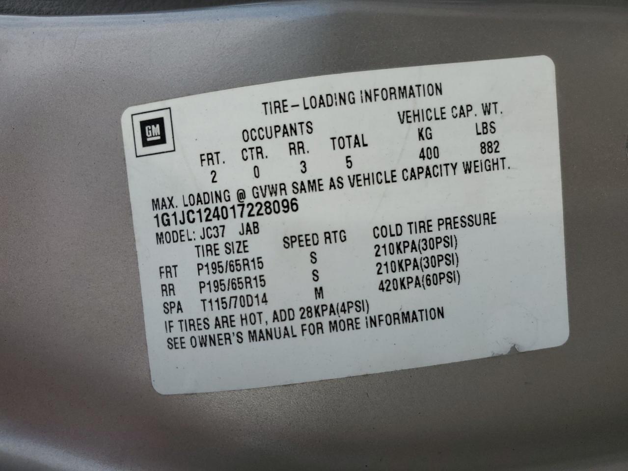 1G1JC124017228096 2001 Chevrolet Cavalier