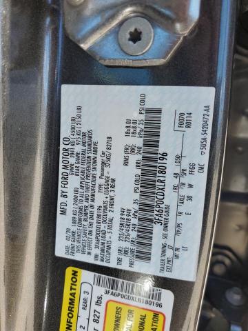 2020 Ford Fusion Sel VIN: 3FA6P0CDXLR180196 Lot: 60264644