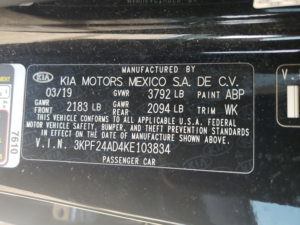 3KPF24AD4KE103834 2019 Kia Forte Fe