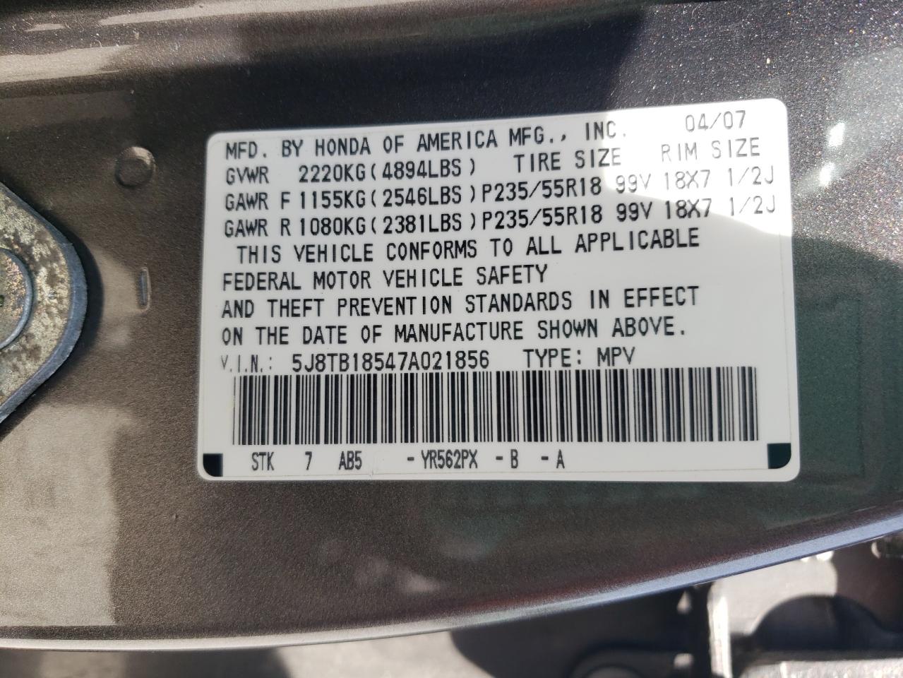 5J8TB18547A021856 2007 Acura Rdx Technology