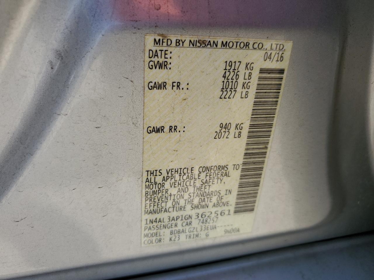 1N4AL3AP1GN362561 NISSAN ALTIMA 2016
