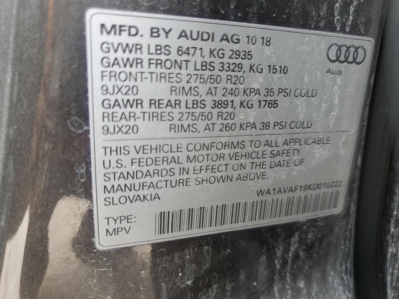 WA1AVAF19KD010222 2019 Audi Q8 Premium