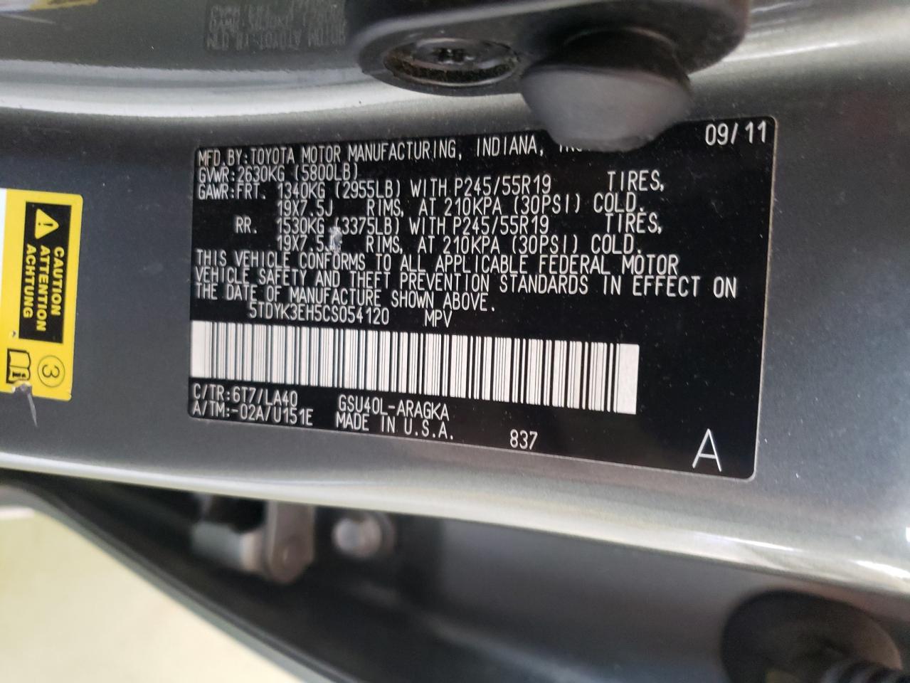 5TDYK3EH5CS054120 2012 Toyota Highlander Limited