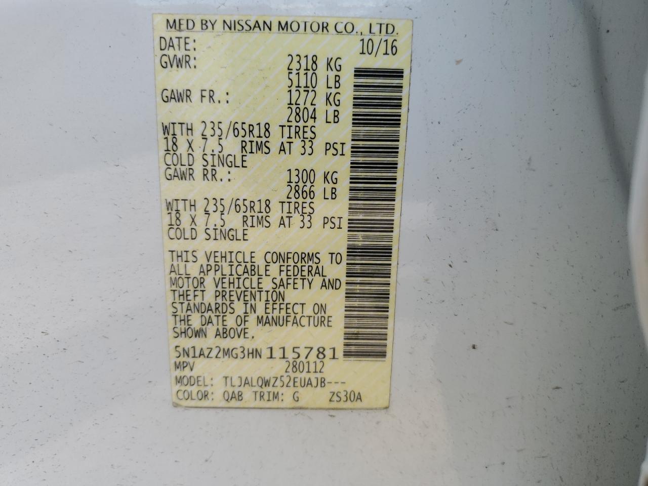 5N1AZ2MG3HN115781 2017 Nissan Murano S